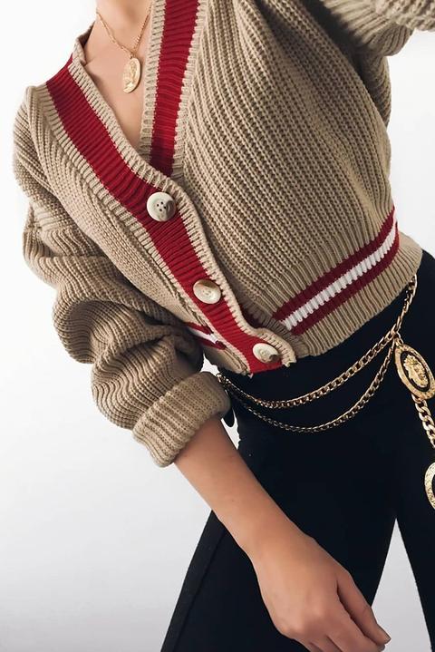 Beige Cricket Cardigan With Red And White Stripe