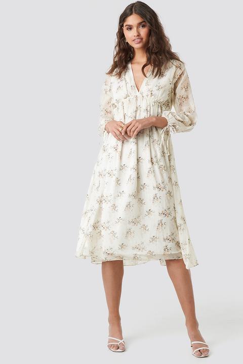 Floral Deep V Neck Midi Dress Weiß