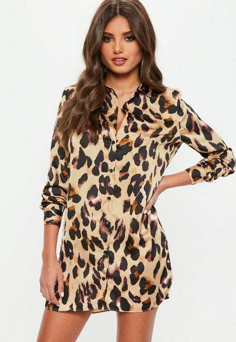 Brown Leopard Print Satin Shirt Dress, Brown