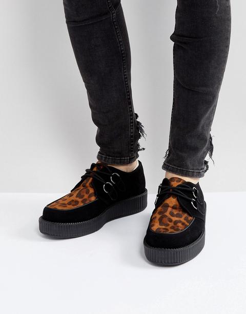 T.u.k - Scarpe In Pelle Scamosciata Animalier Con Plateau Creeper - Nero