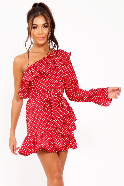 red polka dot one shoulder dress