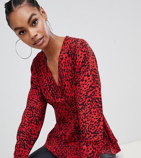 Blusa Con Manga De Murciélago En Leopardo Rojo De Boohoo