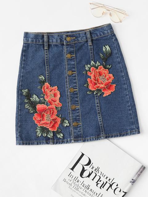 Gonna Di Jeans Con Applique Di Fiore