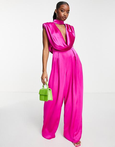 Mono Largo Rosa Con Hombreras Y Cuello Desbocado De Satén De Asos Luxe-violeta