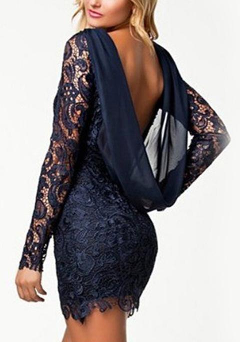 Vestitino Pianura Openwork Girocollo Eleganti Poliestere Blu Navy