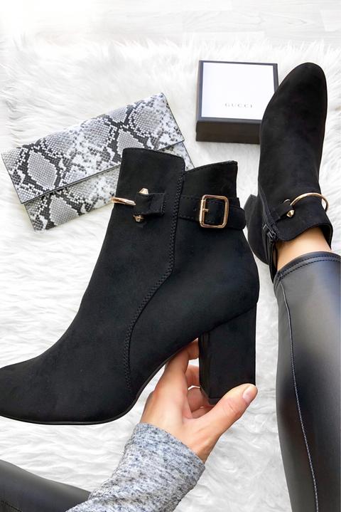 Black Faux Suede Gold Buckle Detail Ankle Boots - Jynelle