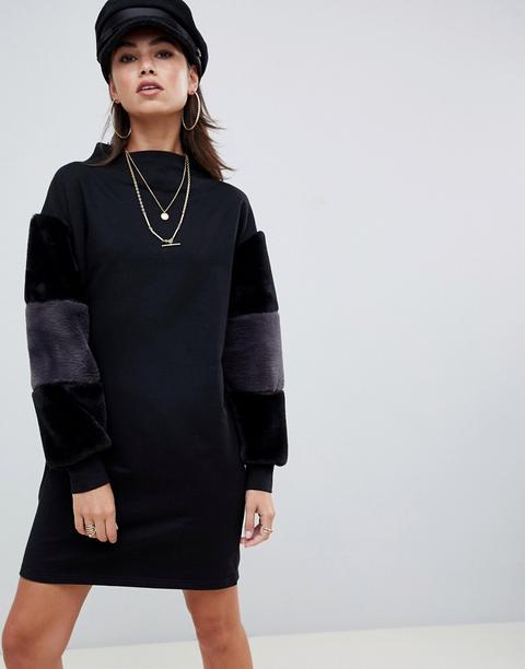 Asos Design - Vestito Felpa Con Collo A Imbuto E Maniche Con Pelliccia Sintetica - Nero