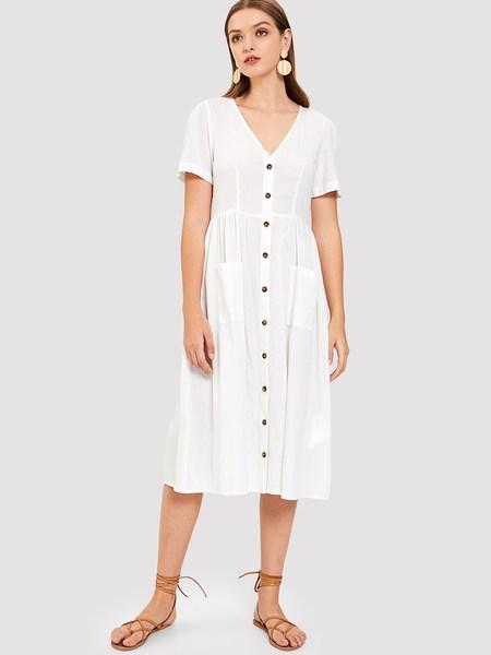 Vestido Sencillo Escote V Con Bolsillo Y Botón Delantero