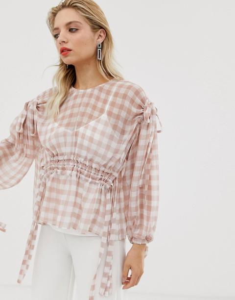 Asos White Gingham Ruched Waist Top-pink