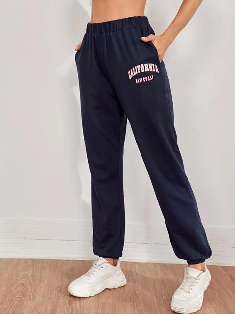 Pantalones Deportivos Con Bolsillo Oblicuo Con Estampado De Letra