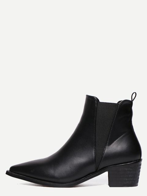 Black Faux Leather Pointed Toe Elastic Chunky Boots