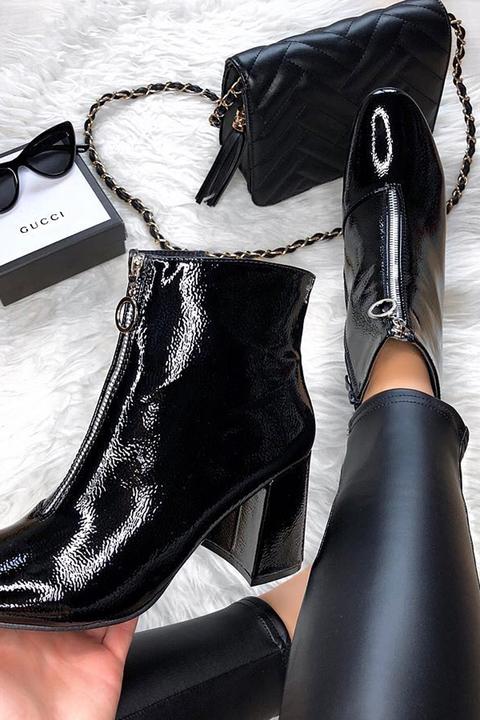 Black Patent Zip Front Ring Pull Block Heel Boots - Mischa