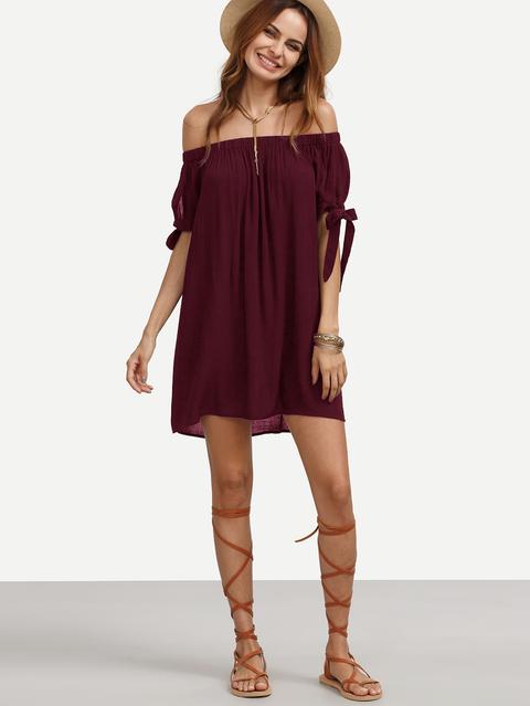 Split Tie Sleeve Crinkle Bardot Dress