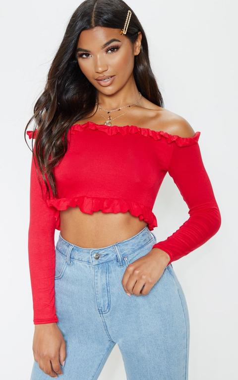 Red Bardot Frill Jersey Crop Top