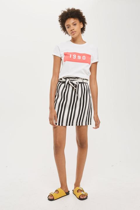 Womens Striped Linen Paper Bag Skirt - Monochrome, Monochrome