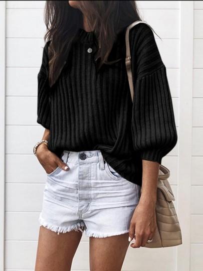Jersey Cuello Redondo Manga Larga Casual Negro