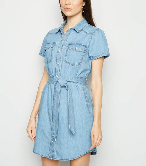 Pale Blue Button Up Denim Mini Dress New Look