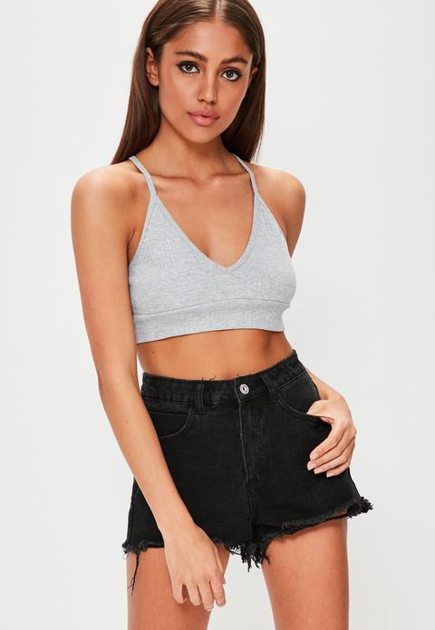 Grey Ribbed Cross Back Bralet, Grey