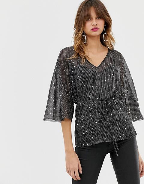 Blusa Negra Plisada Con Brillos De River Island-negro