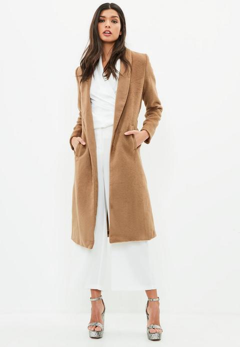 Brown Short Faux Fur Longline Coat, Camel