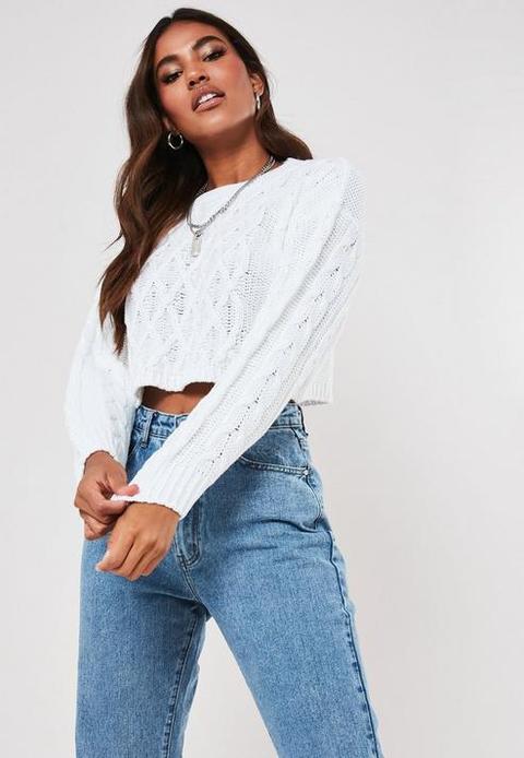White Super Cropped Cable Knit Jumper, White