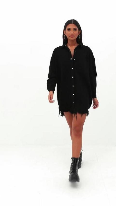 black oversized denim shirt dress