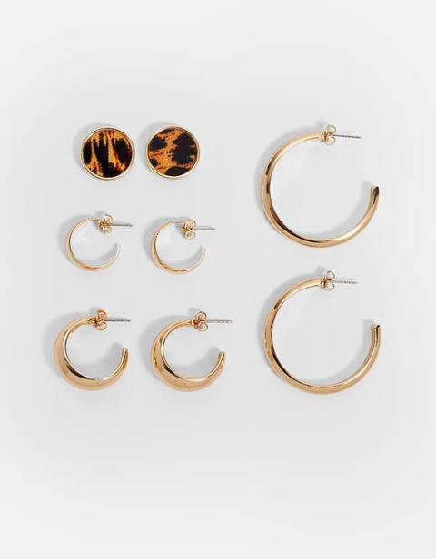 Set 4 Orecchini A Cerchio E Orecchini Leopardati Giallo