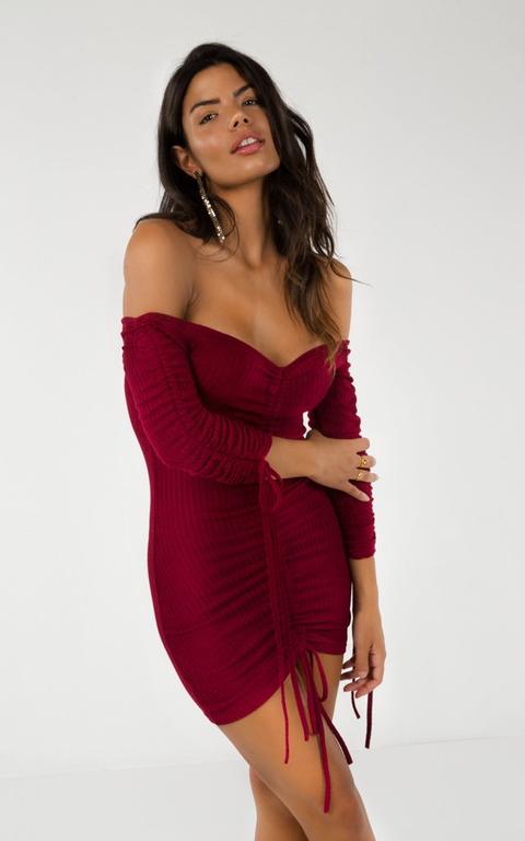 Off-the-shoulder Ribbed Lace Up Bodycon Dress