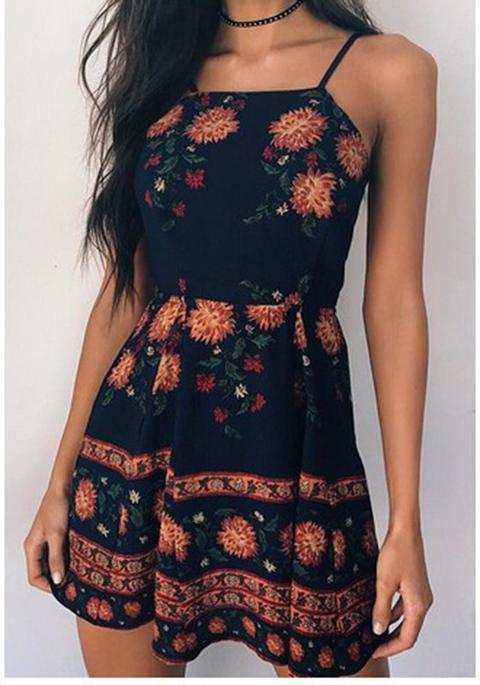 Black Flowers Print Pleated Round Neck Sleeveless Mini Dress