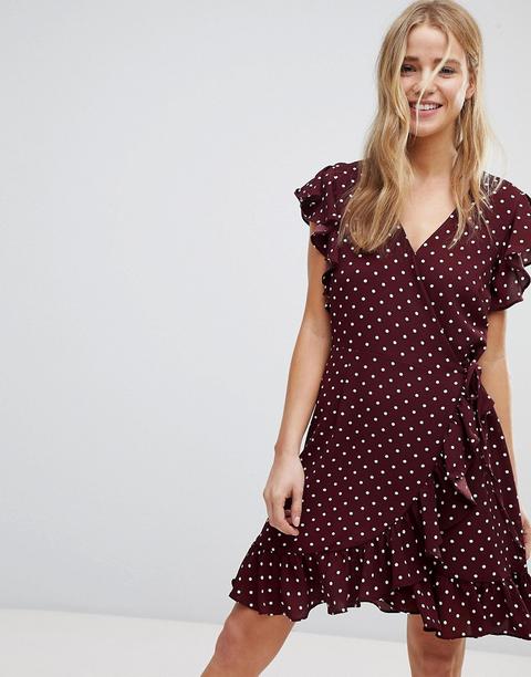 New Look - Vestito A Portafoglio A Pois Con Volant - Rosso