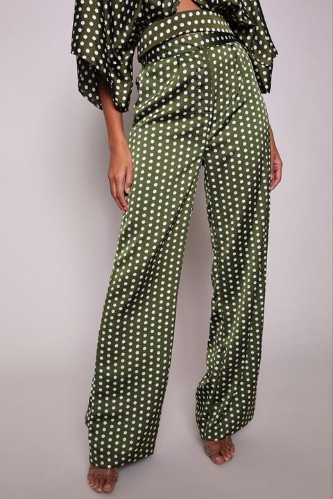 Green Spot Print High Waisted Wide Leg Trousers