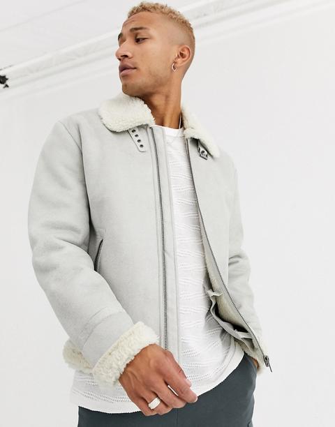 Asos Design Faux Shearling Flight Jacket With Borg Lining In Stone