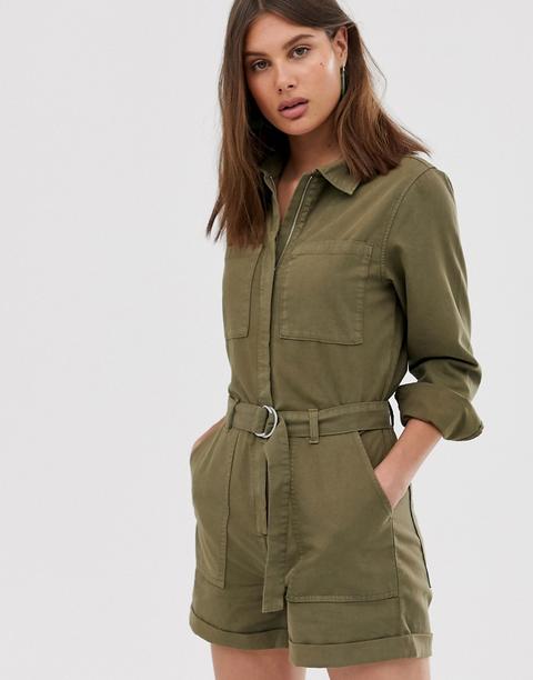 Weekday Denim Utility Playsuit In Khaki Green