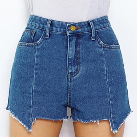 Trendy Blue High Waist Sheath Irregular Denim Shorts For Women