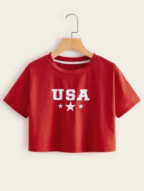 T-shirt Court À Lettres Et L'étoiles-rouge