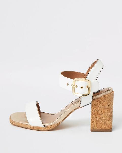 White Two Part Cork Block Heeled Sandal