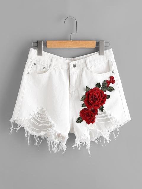 Destroyed Denim Shorts With Embroidered Applique