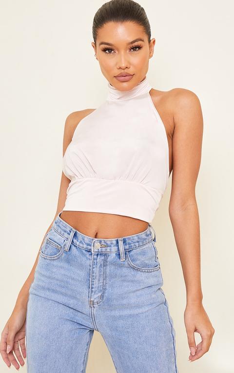 Nude Slinky Halterneck Tie Back Crop Top