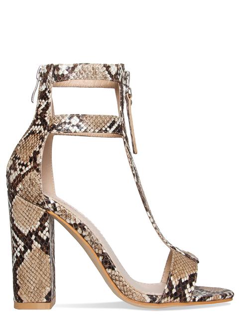 Bree Beige Snake Cut Out Zip Block Heels