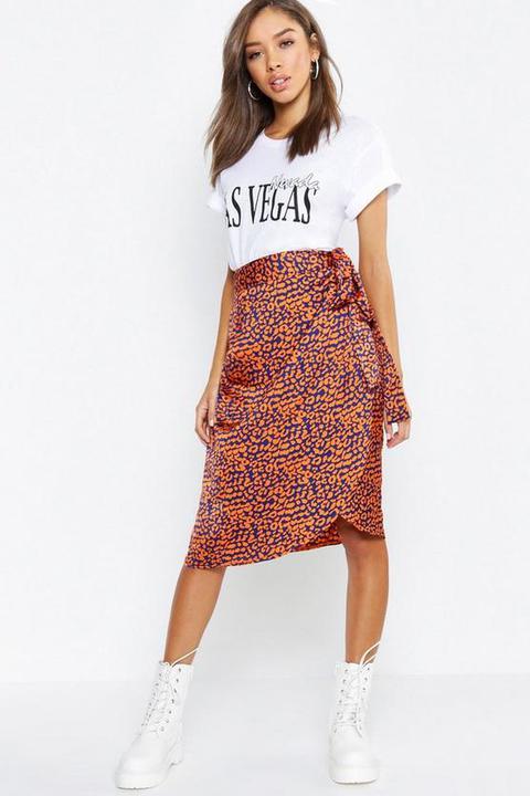 Leopard Wrap Satin Midi Skirt