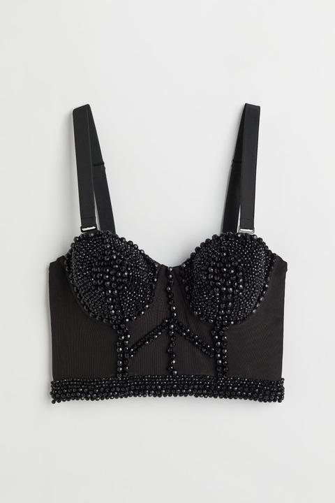 Bustier De Malla Con Cuentas Bordadas - Negro