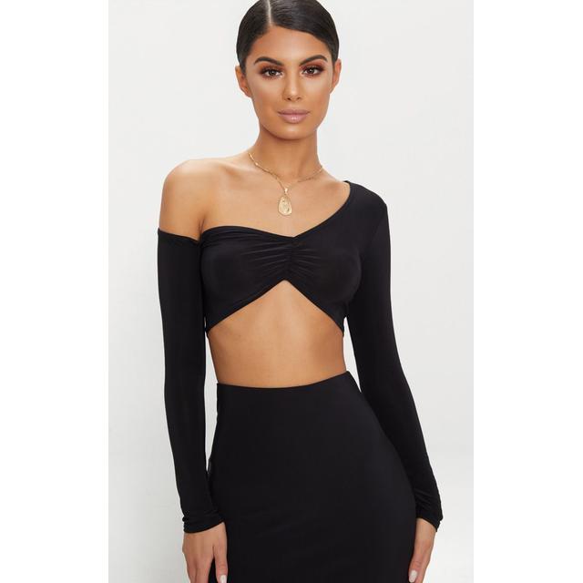 one shoulder black top long sleeve