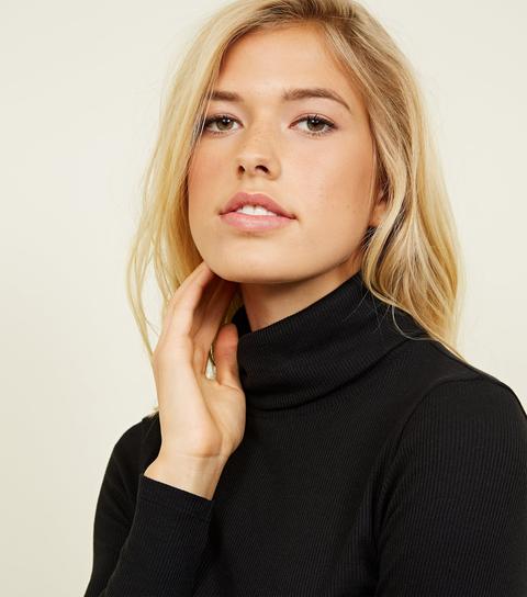 Black Ribbed Roll Neck Top New Look