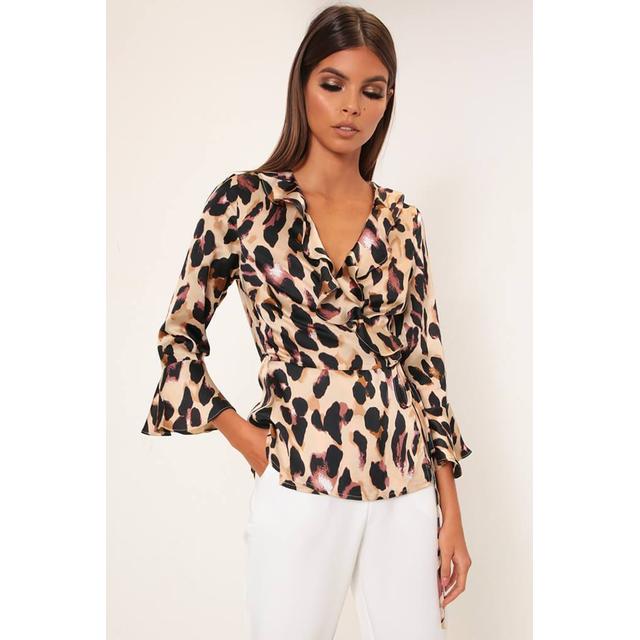 Brown Leopard Print Satin Wrap Blouse 