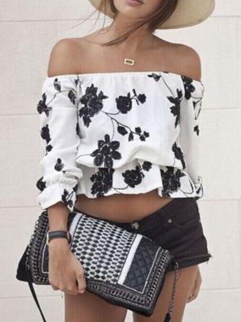 Blusa Hombro Al Aire Flores -blanco Negro