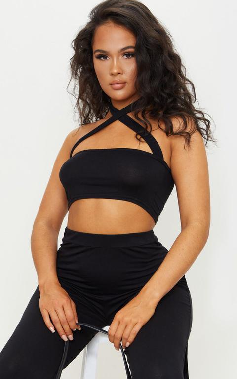 Black Jersey Cross Front Halterneck Bandeau