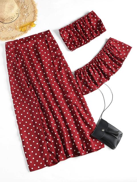 Set Di Gonna A Fessura A Pois Con Spalle Scoperte Wine Red