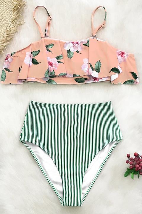 Bikini Floral Rosado Con Volantes