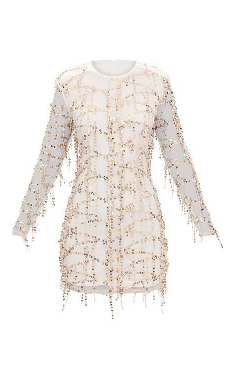 rose gold sequin detail long sleeve bodycon dress