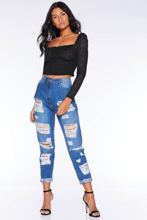 Blue High Waist Ripped Mom Jeans